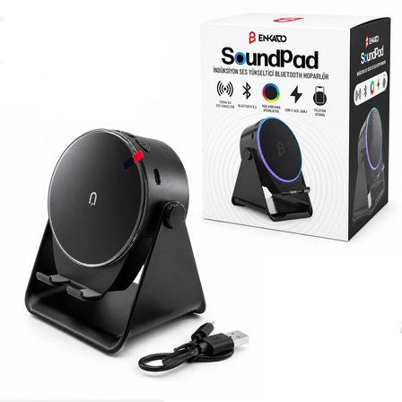SOUNDPAD 5IN1 - 5W - 2000mAh TEMAS İLE SES YÜKSELTME - TELEFON STAND - USB-C ŞARJ SİYAH İNDİKSİYON SES YÜKSELTİCİ BLUETOOTH HOPARLÖR SPEAKER EKD-S10 (5468)