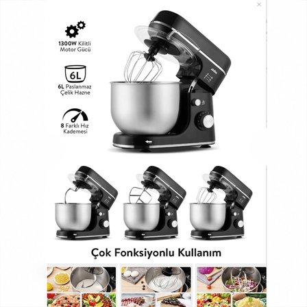 SİYAH STANDLI MİKSER ÇIRPICI - HAMUR YOĞURUCU - KARIŞTIRICI 8 KADEME HIZ AYAR 6L ÇELİK HAZNE 1300W SMX-2769 (5468)