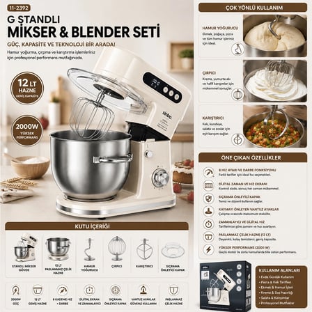 STANDLI MİKSER - BLENDER SETİ HAMUR YOĞURUCU - ÇIRPICI - KARIŞTIRICI 8KADEM. HIZ AYAR 12LT HAZNE 2000W SMX-2779 (5468)