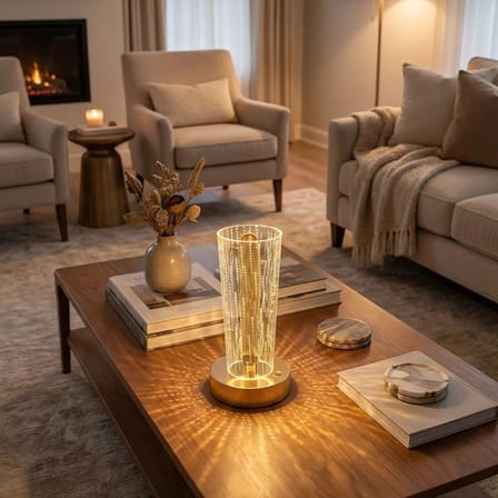 Silindirik Kristal Nokta Model LED Masa Lambası – Gold Tabanlı, Dokunmatik, 3 Renk Işık Modlu, Şarjlı Modern Dekoratif Gece Lambası (5468)