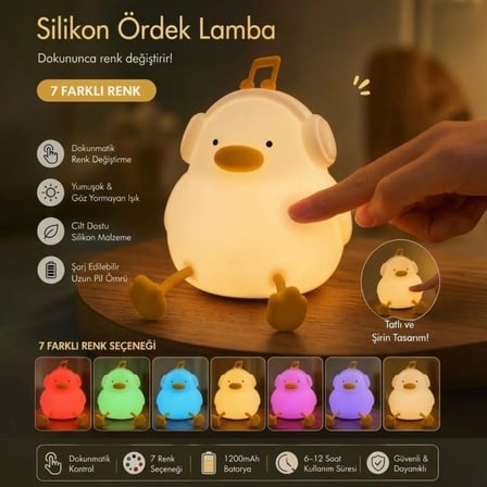 Vurmalı 7 Renkli Silikon Ördek LED Masa Lambası, Müzisyen Tasarımlı, Dokunmatik Renk Değiştiren Dekoratif USB Gece Lambası (5468)