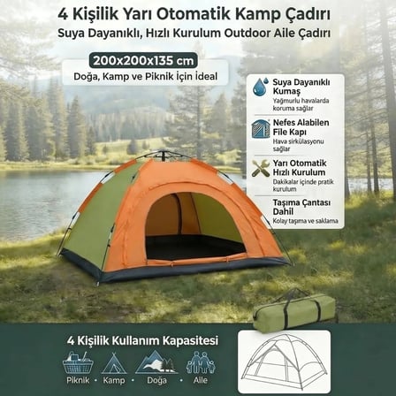 4 Kişilik Yarı Otomatik Kamp Çadırı – Suya Dayanıklı, Hızlı Kurulumlu Outdoor Aile Çadırı, Doğa, Kamp ve Piknik 200x200x135 cm (5468)