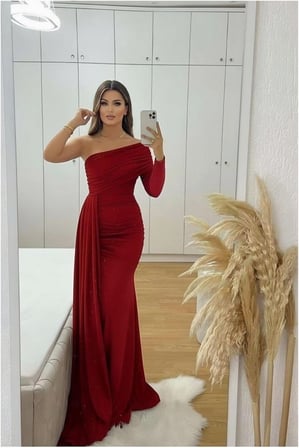 BŞK VİRGO Krep Elbise Kuyruklu Omuz Maxi Abiye Tek Kumaş · Renk: Saks · Beden: M BSK2026