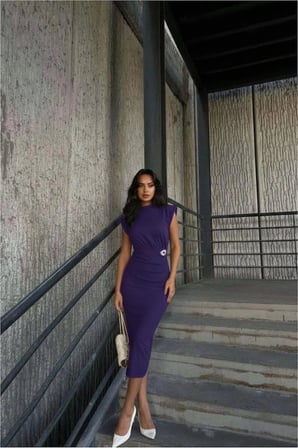 BŞK VİRGO Krep Elbise Abiye Midi Dik Yaka Kumaş · Renk: Mor · Beden: XL BSK2026