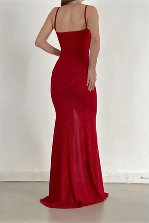 BŞK VİRGO Saten Yırtmaçlı Elbise Abiye V Yaka Askılı Kumaş · Renk: Mürdüm · Beden: M BSK2026