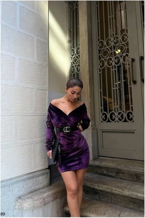BŞK VİRGO Esnek Kumaş Abiye Kadife Yaka V Kemerli Elbise · Renk: Mor · Beden: L BSK2026