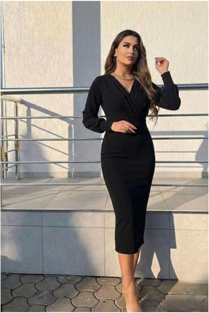 BŞK VİRGO Krep Kruvaze Elbise Kollu Midi Yaka Uzun Kumaş · Renk: Siyah · Beden: S BSK2026