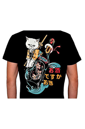 Chibi Cat Bottle Japanese Flower Tişört Unisex T-shirt