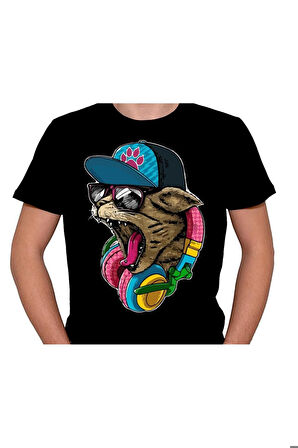 Cat Hip-hop Kulaklık Rap Tişört Unisex T-shirt