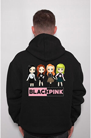 Chibi Black Pink Kore Korea Sweatshirt Unisex Kapüşonlu Hoodie