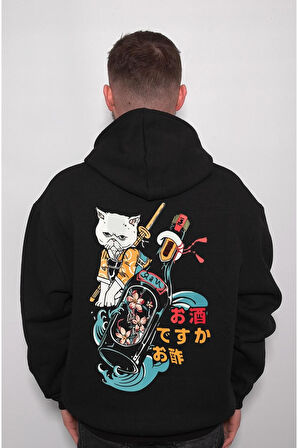 Chibi Cat Bottle Japanese Flower Sweatshirt Unisex Kapüşonlu Hoodie