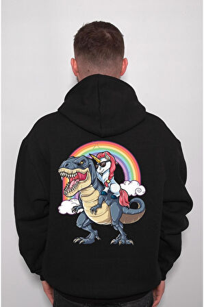 Dinazor Dinasour Unicorn Gökkuşağı Rainbow Sweatshirt Unisex Kapüşonlu Hoodie