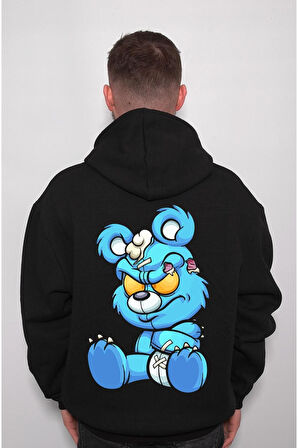 Angry Cartoon Blue Teddy Bear Sweatshirt Unisex Kapüşonlu Hoodie