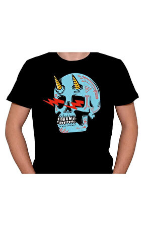 Skull Kuru Kafa Şimşek Unicorn Tişört Unisex T-shirt