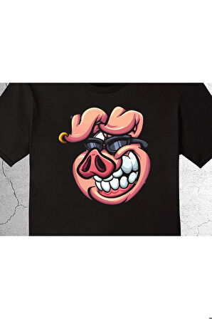 Şanslı Domuz Style Glasses Pig Tişört Çocuk T-shirt