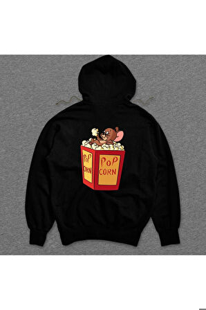 Tom And Jerry Pop Corn Yaramaz Kedi Çizgi Film Sweatshirt Unisex Kapüşonlu Hoodie