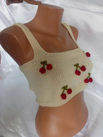 Crop Top Büstiyer Açık Sarı Kiraz Desenli Handmade