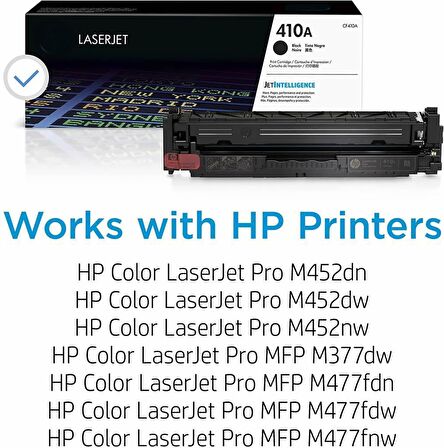 Baskistan HP CF410A (410A) Siyah Toner HP Color LaserJet Pro M452 serisi, M377dw, MFP 477 serisi ile çalışır