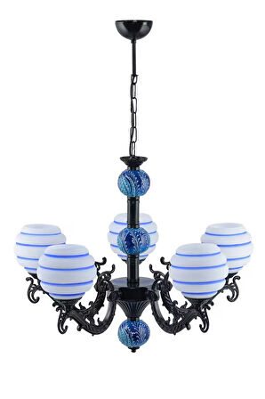 Beş Kollu Zamak Avize Siyah Mavi Çizgili Beyaz Camlı Mavi Çinili