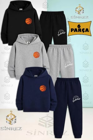 3'Lü Çocuk Unısex BASKETBOL TRURUNCU TOP LOGO Baskılı Kapşonlu Eşofman Takımı