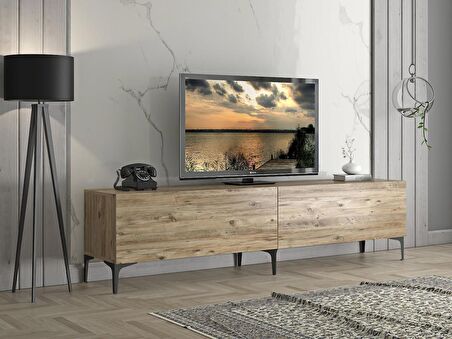 Wood'n Love Vega Premium 200 Cm Geniş Dolaplı Metal Ayaklı Tv Ünitesi - Atlantik Çam / Siyah