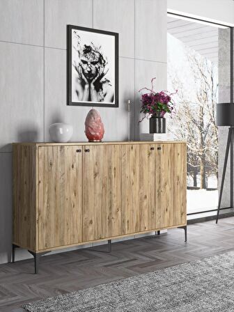 Wood'n Love Hestia 4 Kapaklı Metal Ayaklı 160 Cm Çok Amaçlı Dolap Konsol - Atlantik Çam / Siyah