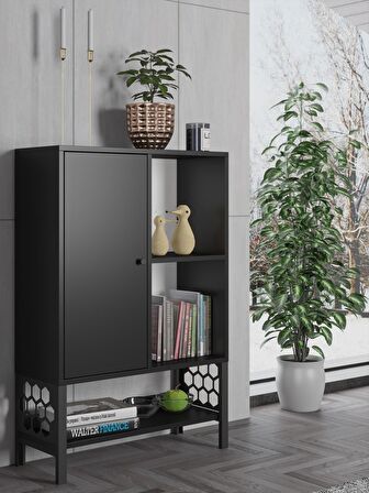 Wood'n Love Lara Premium Desenli Metal Ayaklı Dolaplı Vitrin - Konsol - Siyah / Siyah