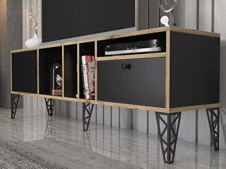 Wood'n Love Cercei 160 Cm Metal Ayaklı Tv Ünitesi - Atlantik Çam - Siyah / Siyah