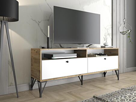 Wood'n Love Astreo 160 Cm Metal Ayaklı Tv Ünitesi - Atlantik Çam - Beyaz / Siyah