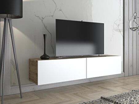 Wood'n Love Toprak 150 Cm Duvara Monte Tv Ünitesi - Atlantik Çam - Beyaz / Siyah