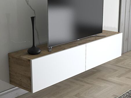 Wood'n Love Toprak 150 Cm Duvara Monte Tv Ünitesi - Atlantik Çam - Beyaz / Siyah