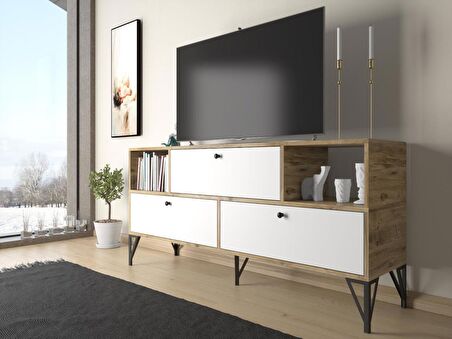 Wood'n Love Mia 160 Cm Metal Ayaklı Tv Ünitesi - Konsol - Atlantik Çam - Beyaz / Siyah