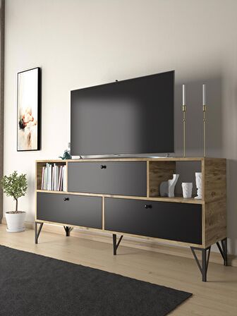 Wood'n Love Mia 160 Cm Metal Ayaklı Tv Ünitesi - Konsol - Atlantik Çam - Siyah / Siyah