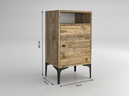 Wood'n Love Vio Metal Ayaklı Minifiks Bağlantı, Dolaplı Komodin - Atlantik Çam / Siyah