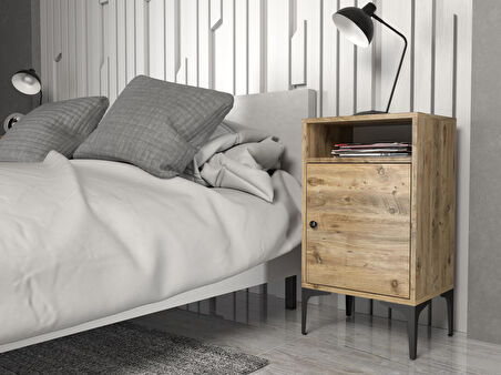 Wood'n Love Vio Metal Ayaklı Minifiks Bağlantı, Dolaplı Komodin - Atlantik Çam / Siyah
