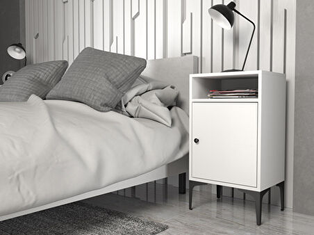 Wood'n Love Vio Metal Ayaklı Minifiks Bağlantı, Dolaplı Komodin - Beyaz / Siyah