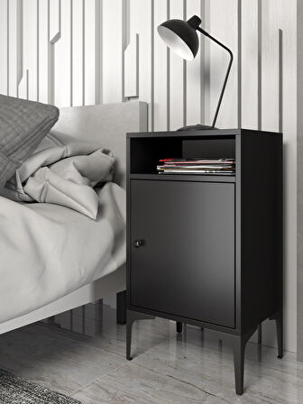Wood'n Love Vio Metal Ayaklı Minifiks Bağlantı, Dolaplı Komodin - Siyah / Siyah