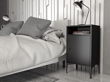 Wood'n Love Vio Metal Ayaklı Minifiks Bağlantı, Dolaplı Komodin - Siyah / Siyah