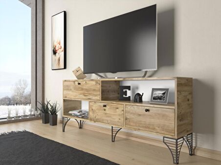 Wood'n Love Katre 150 Cm Metal Ayaklı Tv Ünitesi - Atlantik Çam / Siyah