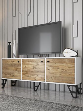 Wood'n Love Bello 160 Cm Metal Ayaklı Tv Ünitesi - Konsol - Beyaz - Atlantik Çam / Siyah