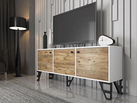 Wood'n Love Bello 160 Cm Metal Ayaklı Tv Ünitesi - Konsol - Beyaz - Atlantik Çam / Siyah