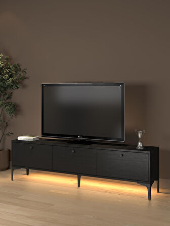 Paris Led Işıklı Dolaplı Minifiksli 160 Cm Tv Ünitesi - Tv Sehpası - Wood Siyah