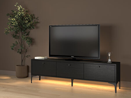 Paris Led Işıklı Dolaplı Minifiksli 160 Cm Tv Ünitesi - Tv Sehpası - Wood Siyah