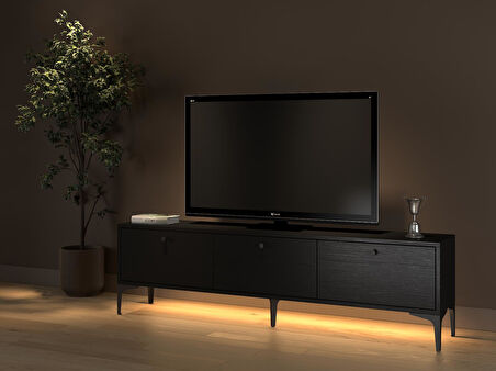 Paris Led Işıklı Dolaplı Minifiksli 160 Cm Tv Ünitesi - Tv Sehpası - Wood Siyah