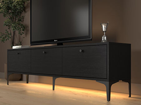 Paris Led Işıklı Dolaplı Minifiksli 160 Cm Tv Ünitesi - Tv Sehpası - Wood Siyah