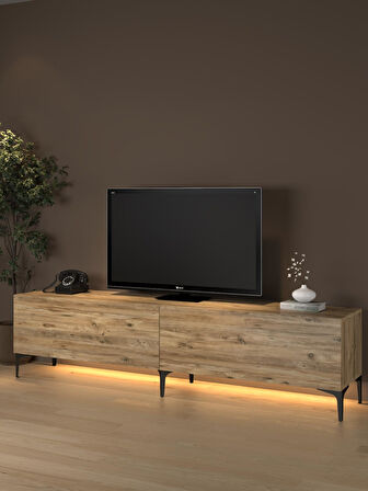 Napoli 200 Cm Led Işıklı Geniş Dolaplı Minifiksli  Tv Ünitesi - Tv Sehpası - Atlantik Çam 