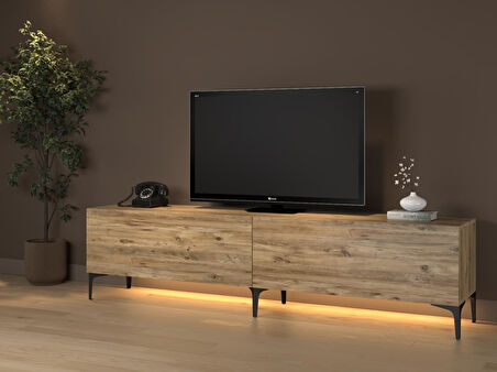 Napoli 200 Cm Led Işıklı Geniş Dolaplı Minifiksli  Tv Ünitesi - Tv Sehpası - Atlantik Çam 