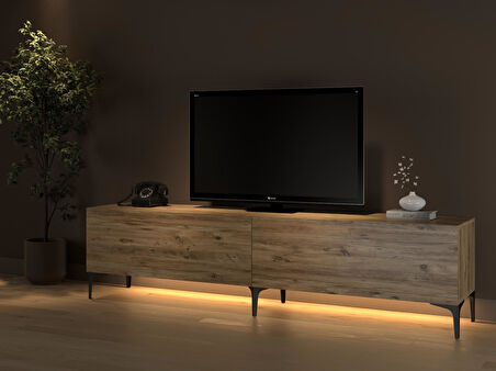 Napoli 200 Cm Led Işıklı Geniş Dolaplı Minifiksli  Tv Ünitesi - Tv Sehpası - Atlantik Çam 