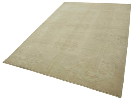 Bej Geometrik Desenli El Dokuma Salon Halısı Modern Eskitme Stil