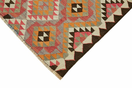 Turuncu Kahverengi Baklava Desenli El Dokuma Geometrik Etnik Salon Kilimi